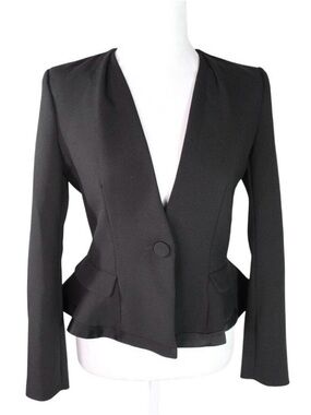 Claudie Pierlot Paris Cropped One Button Blazer Black Satin Ruffle Trim Size 36